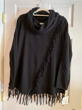 Croft & Barrow Women’s Black Solid Knit Cowl Neck Fringe Long Sleeve Sweater L